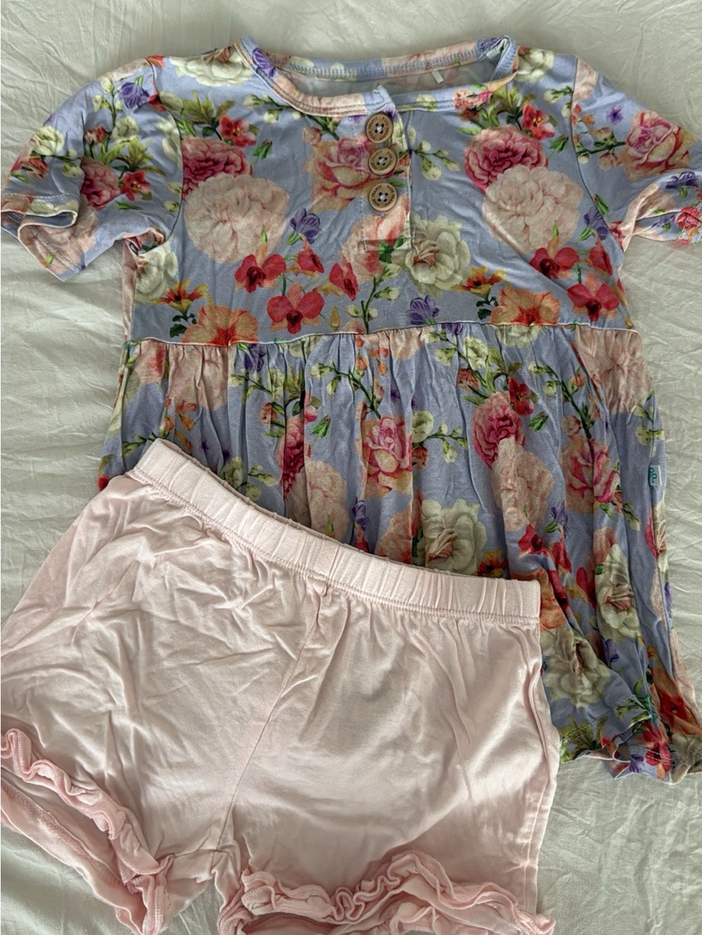 Posh Peanut Lavender Floral Short Sleeve Top with Light Pink Ruffle Shorts